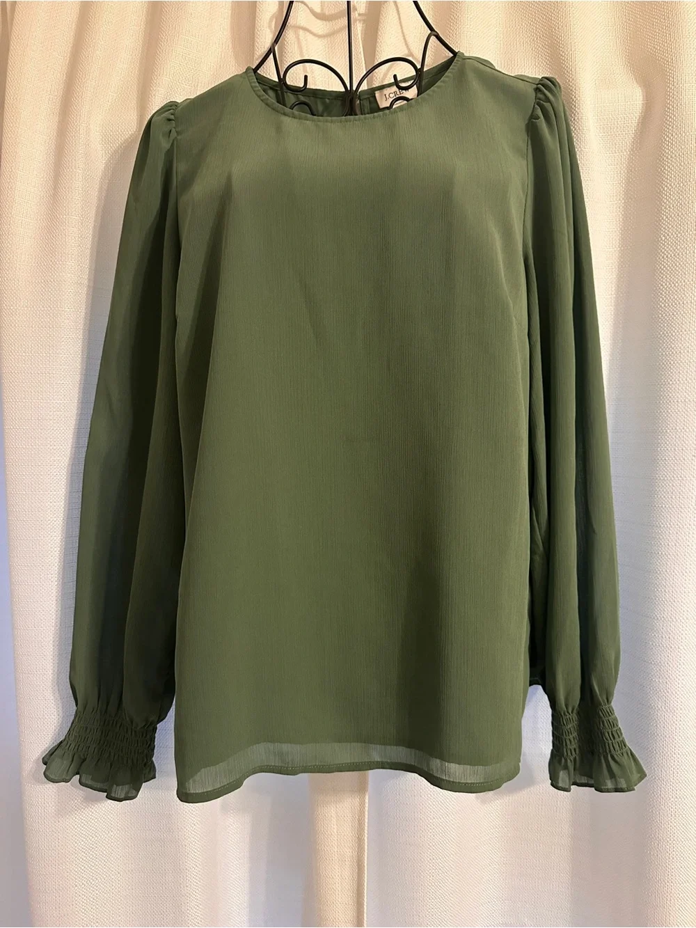 J. Crew Olive Green Long-Sleeve Crewneck Blouse with Puffed Rouched Cuff